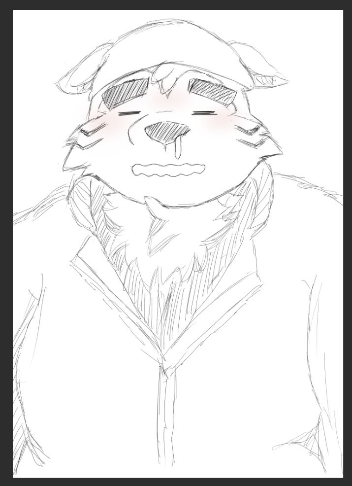 anthro blush border eyebrows grey_border kerchief male overweight runny_nose solo thick_eyebrows satopu_v2 lifewonders live_a_hero mokdai canid canine canis domestic_dog mammal sketch