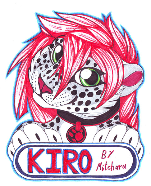 ambiguous_gender anthro fur hair looking_at_viewer simple_background smile solo text gard3r kiro felid leopard mammal pantherine english_text traditional_media_(artwork)