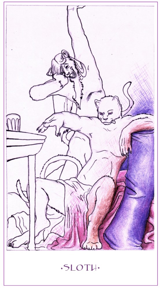 anthro beard cloth clothed clothing duo facial_hair furniture glass hair long_hair male open_mouth pillow possession sitting skimpy sloth_(sin) stretching table tail tongue tongue_out topless yawn elia_morettini seven_deadly_sins domestic_cat felid feline felis lion mammal pantherine letterbox traditional_media_(artwork)