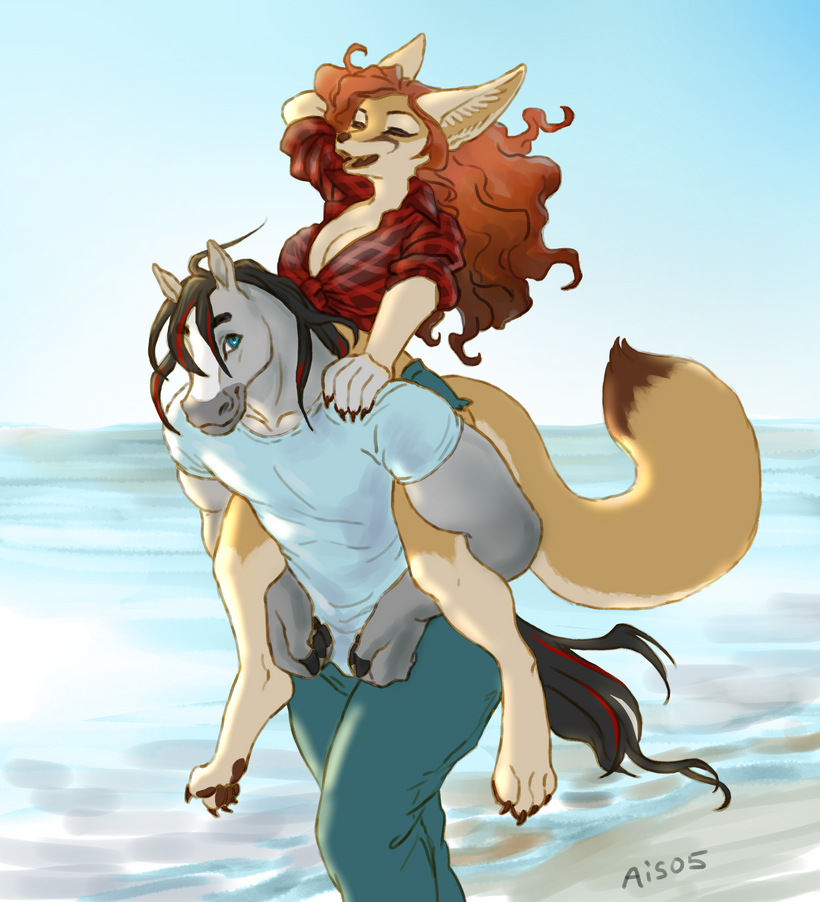 anthro beach big_breasts big_ears black_hair blaze_(marking) blue_eyes bottomwear breasts carrying_another claws cleavage clothed clothing duo eyes_closed facial_markings female flannel flannel_shirt floofy_tail fluffy fur grey_body grey_fur hair hair_sway head_markings highlights_(coloring) hotpants inner_ear_fluff long_tail looking_back looking_up male male/female markings open_mouth orange_hair pants pawpads paws piggyback red_highlights sand sea shirt shorts smile standing tail tied_shirt topwear tuft walking water ais05 crimson_storm emi_(fentastic) canid canine equid equine fennec_fox fox horse mammal true_fox