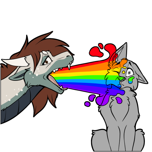 ambiguous_gender bodily_fluids brown_eyes duo fur grey_body horn looking_at_viewer male mane one_eye_closed scales technicolor_yawn teeth telegram_sticker vomit vomiting vomiting_on_another symrea mythology maxie_the_dragoness canid canine dragon mammal mythological_creature mythological_scalie scalie 1:1 alpha_channel