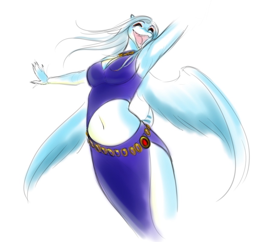 anthro back_wings blue_body blue_feathers blue_scales bone_frill breasts clothing countershade_torso countershading dress eyes_closed feathers female frill_(anatomy) grey_hair hair happy jewelry long_hair midriff navel non-mammal_breasts non-mammal_navel open_mouth scales simple_background slim smile snout solo tail white_background wings lutherine cavemanon_studios goodbye_volcano_high snoot_game fang_(gvh) prehistoric_species pterodactylus pterosaur reptile scalie colored digital_drawing_(artwork) digital_media_(artwork) portrait sketch three-quarter_portrait