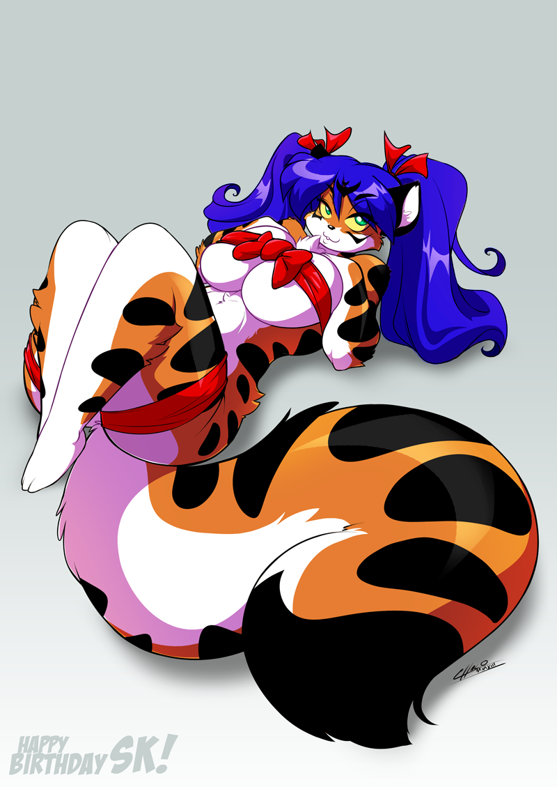 anthro big_breasts big_tail biped black_stripes blue_hair breasts curvy_figure female fur gift green_eyes hair huge_breasts looking_at_viewer lying multicolored_body multicolored_fur nude on_back orange_body orange_fur pigtails purple_hair ribbons solo stripes tail thick_thighs two_tone_body two_tone_fur voluptuous white_body white_fur chalo las_lindas tiggs felid mammal pantherine tiger