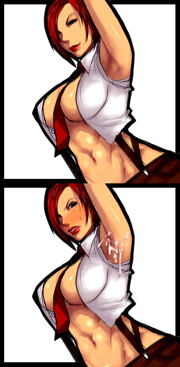 angry before_and_after blush bodily_fluids breasts clothed clothing cum cum_on_armpit female genital_fluids hair navel not_furry red_hair solo suspenders sawao king_of_fighters vanessa_(king_of_fighters) human mammal digital_media_(artwork) half-length_portrait hi_res portrait