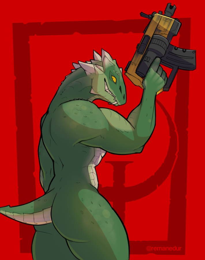 5_fingers anthro bent_arm butt countershade_tail countershade_torso countershading fangs female fingers green_body green_scales grin grinning_at_viewer gun holding_gun holding_object holding_ranged_weapon holding_weapon horn looking_at_viewer muscular muscular_anthro muscular_arms muscular_female nude orange_sclera ranged_weapon red_background scales short_tail side_view simple_background smile smiling_at_viewer solo standing tail teeth thick_neck thick_thighs ventral_scales weapon conditional_dnp remanedur id_software microsoft quake quake_champions sorlag reptile scalie 2023 digital_media_(artwork) portrait three-quarter_portrait