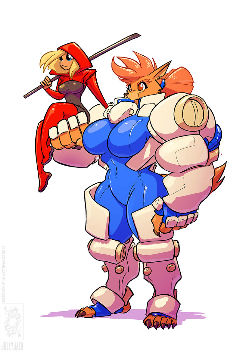 anthro armor big_breasts blonde_hair blue_eyes boots breasts brown_eyes brown_hair claws clothing duo female footwear fur hair hood larger_female legwear orange_body orange_fur shoes simple_background sitting_on_arm size_difference staff stirrup_legwear tan_body tan_fur thigh_boots thigh_highs white_background conditional_dnp jollyjack mythology canid canine human mammal mythological_canine mythological_creature werecanid werecanine werecreature werewolf 2022