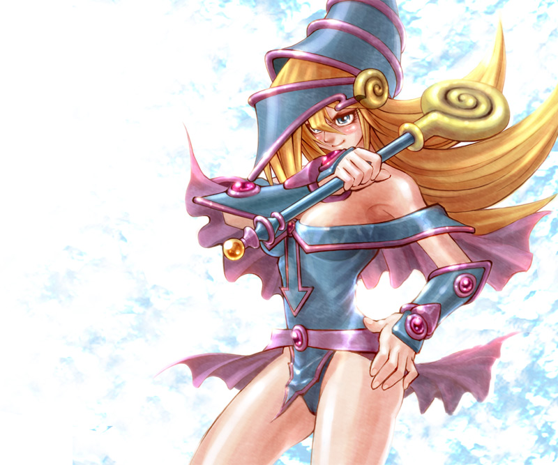 armor bare_shoulders blonde_hair blue_clothing blue_eyes blue_leotard bottomwear breasts choker clothing female hair hat headgear headwear helm_(armor) helmet holding_object human_only jewelry leotard leotard_peek long_hair magical_girl_outfit magical_girl_wand necklace not_furry simple_background skirt smile solo wand witch_hat wizard_hat hisigata konami yu-gi-oh! dark_magician_girl duel_monster human mammal grandfathered_content