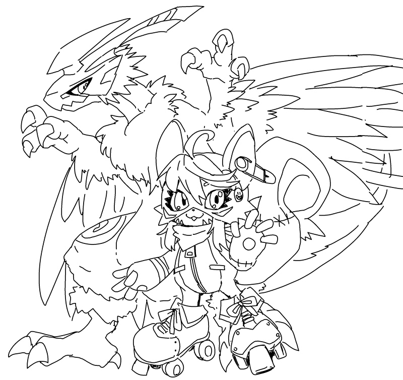 ahoge anthro claws duo feet female hair kerchief male mask neck_tuft neckerchief neckwear quad_skates roller_skates safety_pin talons toes tuft wings zipper shiki_digi bandai_namco digimon avian bird digimon_(species) galemon mammal rodent sciurid shoeshoemon tree_squirrel line_art monochrome