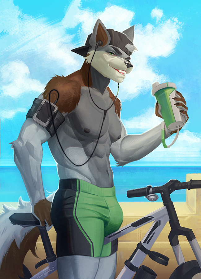 5_fingers abs anthro backwards_cap biceps bicycle bottomwear brown_body canister clothing cloud cyclist detailed_background drinking earbuds electronics fingers fur grey_body hat headgear headphones headwear holding_object male muscular muscular_anthro muscular_male nipples open_mouth pecs shorts sky solo sport sportswear vehicle ansart arcori canid canine canis mammal wolf 2023 digital_media_(artwork)