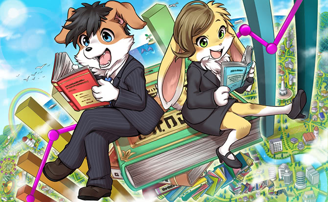 anthro black_hair book brown_hair business_suit clothing duo female fur green_eyes hair multicolored_body multicolored_fur open_mouth reading smile suit two_tone_body two_tone_fur white_body white_fur yellow_body yellow_fur maruyama_(artist) tenshoku_safari coronta_(tenshoku_safari) usagine_(tenshoku_safari) lagomorph leporid mammal rabbit official_art