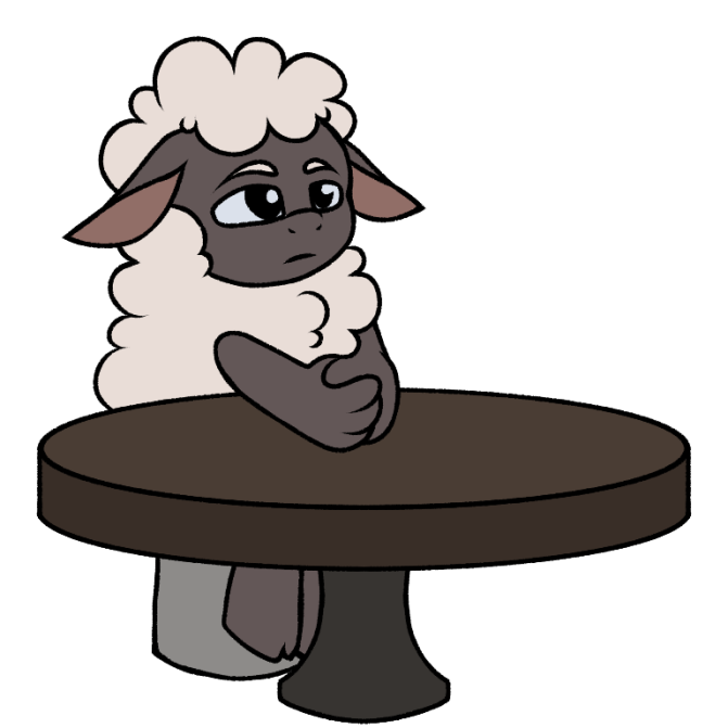 anthro black_body chair chest_tuft fur furniture holding_own_hand male on_chair serious_face sitting sitting_on_chair solo table tuft white_body white_fur pegacousin amanda_the_adventurer wooly_(amanda_the_adventurer) bovid caprine mammal sheep 1:1 2023 alpha_channel