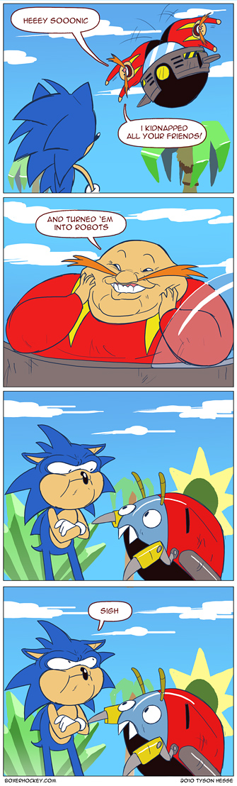 annoyed anthro blue_body blue_fur fur group humor machine male obese overweight overweight_human parody text tyson_hesse sega sonic_the_hedgehog_(series) dr._eggman sonic_the_hedgehog arthropod badnik eulipotyphlan hedgehog human insect mammal motobug robot 2010 comic digital_media_(artwork) english_text