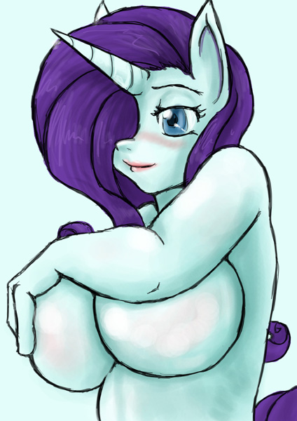 anthro anthrofied big_breasts blue_eyes blush breasts female fur hair hand_on_breast horn long_hair nude purple_hair simple_background smile solo white_body white_fur krakensan friendship_is_magic hasbro my_little_pony mythology rarity_(mlp) equid equine mammal mythological_creature mythological_equine unicorn