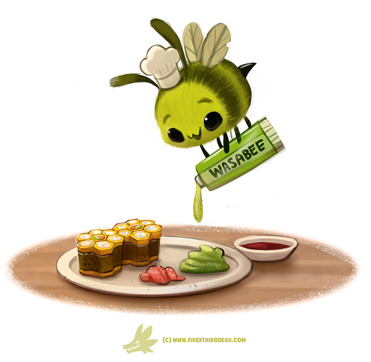 ambiguous_gender clothing feral food hat headgear headwear plate sauce solo wasabi piper_thibodeau arthropod bee hymenopteran insect digital_media_(artwork) digital_painting_(artwork)