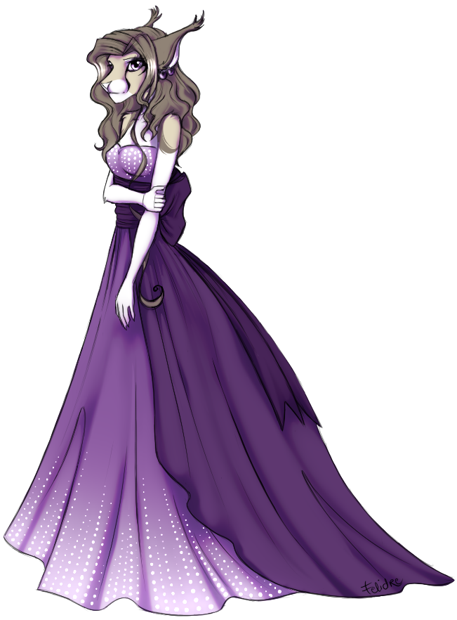 ball_gown big_ears big_eyes brown_hair clothing ear_piercing female gown hair long_hair markings piercing purple_eyes shy solo felidre_(artist) felidre_(character) domestic_cat felid feline felis mammal 2013 alpha_channel