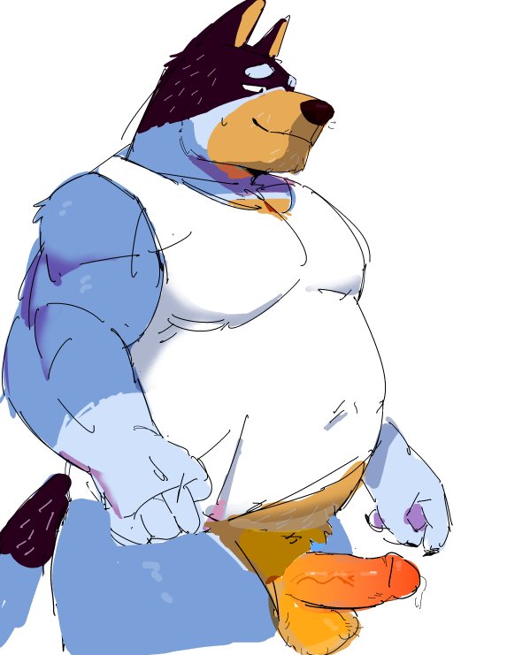 anthro balls barazoku belly biceps big_balls big_muscles big_penis bodily_fluids bottomless bottomless_anthro bottomless_male clothed clothing erection eyebrows fur genitals glans huge_muscles humanoid_genitalia humanoid_penis male musclegut muscular muscular_anthro muscular_male narrowed_eyes pecs penis shirt side_view simple_background smile solo standing sweat sweatdrop tank_top thick_thighs topwear tuft white_background artxtcy bluey_(series) bandit_heeler australian_cattle_dog canid canine canis cattledog domestic_dog herding_dog mammal pastoral_dog sketch