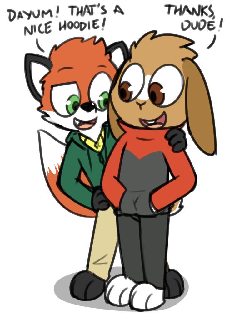 anthro clothed clothing duo fur male young young_anthro pokefound da_silva jimmy_(pokefound) randy_(pokefound) canid canine fox lagomorph leporid mammal rabbit 4:5