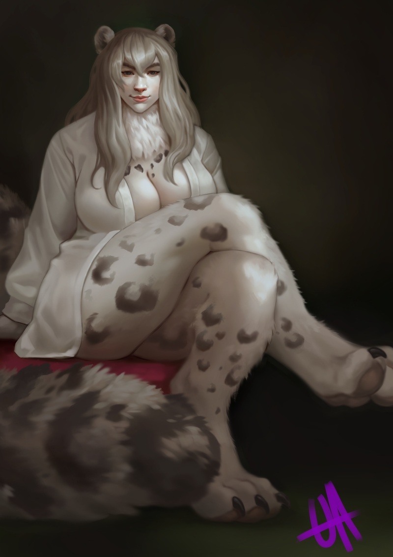 big_breasts breasts cleavage clothed clothing crossed_legs female fur grey_body grey_fur grey_spots lips looking_at_viewer neck_tuft pink_lips sitting solo spots thick_thighs tuft white_clothing unknownanimal237 pinwheel_(snekguy) snekguy borealan felid humanoid mammal pantherine snow_leopard