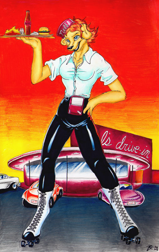 1960s_theme anthro blue_eyes bottomwear breasts car carhop cleavage clothed clothing drive-in_restaurant female food leather leather_bottomwear leather_clothing leather_pants pants populuxe poster poster_template quad_skates roller_skates skating smile solo vehicle waiter rei_vagan canid canine canis domestic_dog mammal