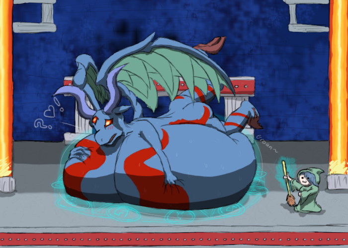 anthro big_breasts blue_body blue_hair blue_horn blue_skin blush bodily_fluids breast_expansion breasts broom cleaning_tool clothed clothing column curved_horn duo expansion female hair horn huge_breasts hyper immobile inflation lying lying_on_self magic magic_user markings on_front palace pillar raised_arm red_markings resting_on_belly resting_on_breast sweat topless wings witch nooxgard la-mulana baphomet_(deity) bovid caprine caprine_demon deity demon goat_demon human mammal scalie