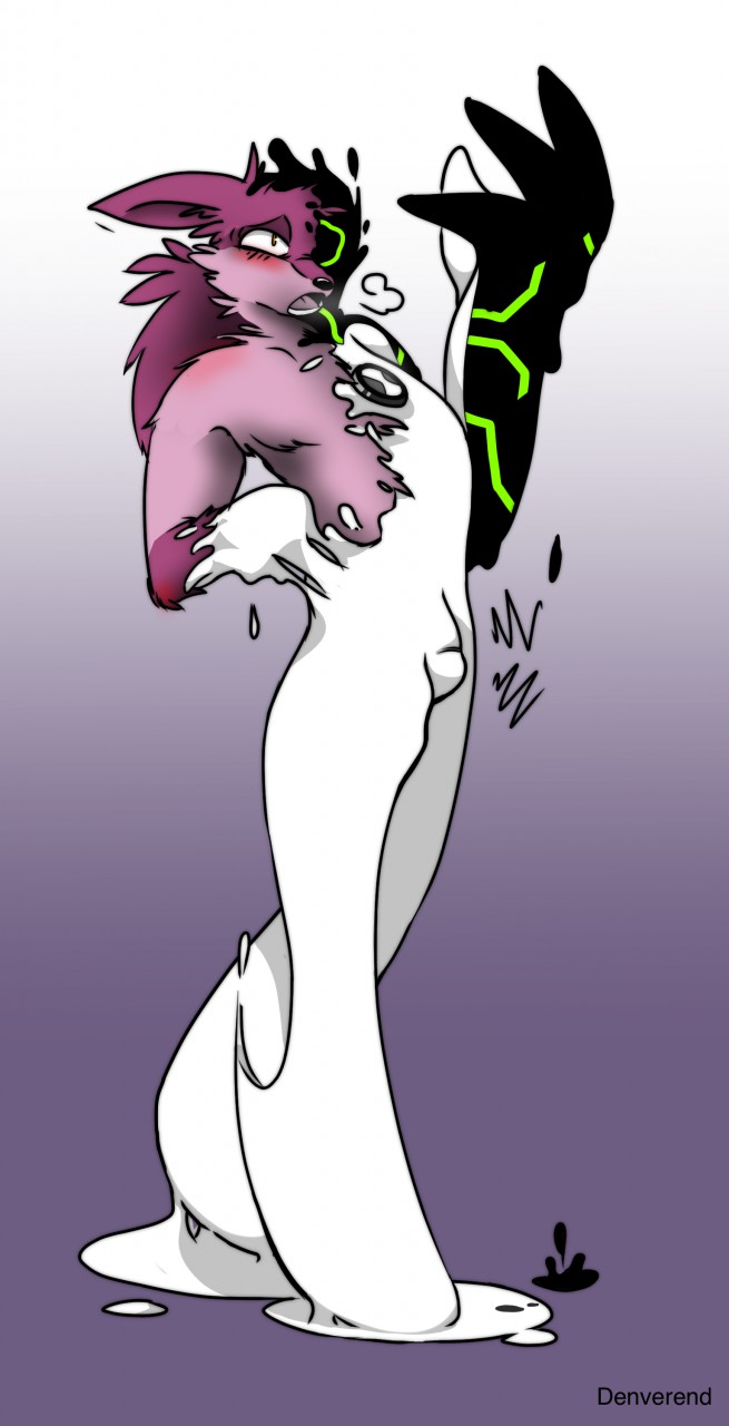 anthro blush bulge enjoyment fur goo_transformation latex looking_at_self male nude omnitrix purple_body purple_fur simple_background solo transformation white_body white_skin yellow_eyes denverend ben_10 cartoon_network fan_character upgrade_(ben_10) alien alien_humanoid canid canine canis galvanic_mechamorph humanoid mammal wolf hi_res