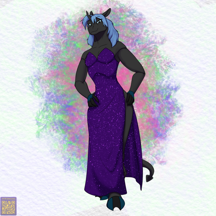 anthro anthrofied black_body breasts clothed clothing dress female hooves horn purple_clothing purple_dress solo unicorn_horn foxenawolf friendship_is_magic hasbro my_little_pony zoljen arthropod changeling 1:1