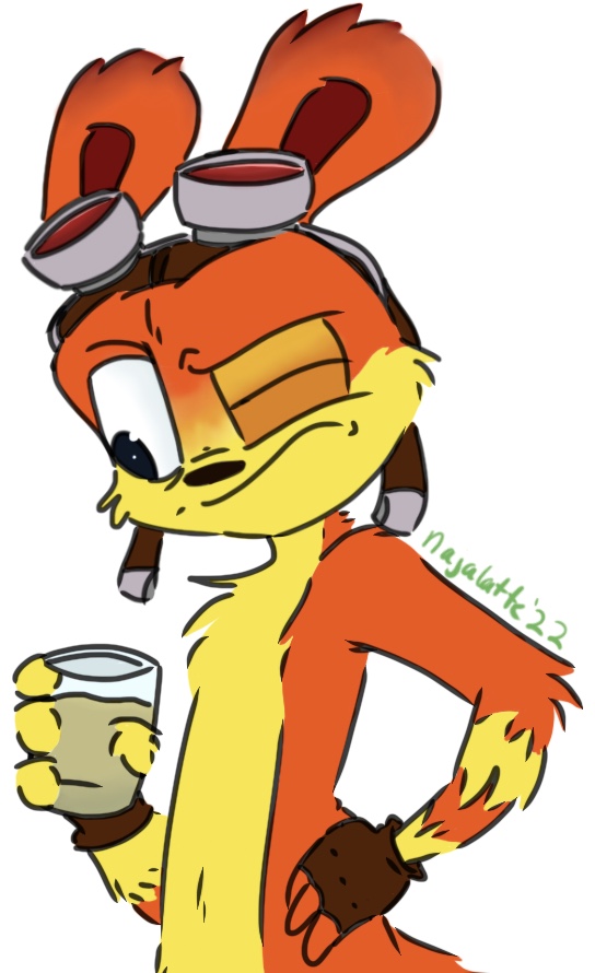 clothing container cup drinking_glass eyewear fingerless_gloves fur glass glass_container glass_cup gloves goggles handwear male orange_body orange_fur simple_background solo suspicious white_background najalatte jak_and_daxter naughty_dog sony_corporation sony_interactive_entertainment daxter mammal mustelid ottsel digital_media_(artwork)