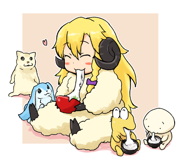 2_horns accessory ambiguous_gender blonde_hair border bowl container eating eating_food female feral food fur fusion group hair hair_accessory hair_ribbon heart_symbol holding_bowl holding_container holding_object horn humanoid_face male mochi orange_background purple_ribbon ribbons simple_background white_border wool_(fur) otemoto 2channel cookie_(touhou) koshinism manatsu_no_yo_no_inmu nan-j genjuumin kenma-kun miura_cat omery-kun rei_(cookie) yakiu_no_oniichan 2channel_ascii_art_character bovid caprine domestic_cat felid feline felis humanoid lagomorph leporid mammal rabbit sheep 2016