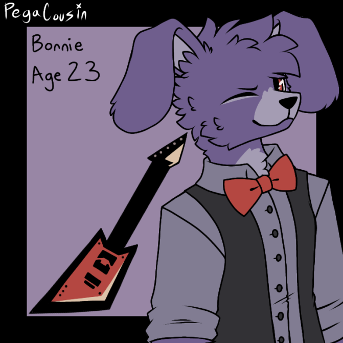 anthro bow_tie eyebrows fur guitar guitarist looking_at_viewer male musical_instrument one_eye_closed plucked_string_instrument purple_body purple_fur red_bow_tie red_guitar solo string_instrument wink winking_at_viewer pegacousin five_nights_at_freddy's scottgames bonnie_(fnaf) lagomorph leporid mammal rabbit 1:1 2022 digital_media_(artwork) model_sheet watermark