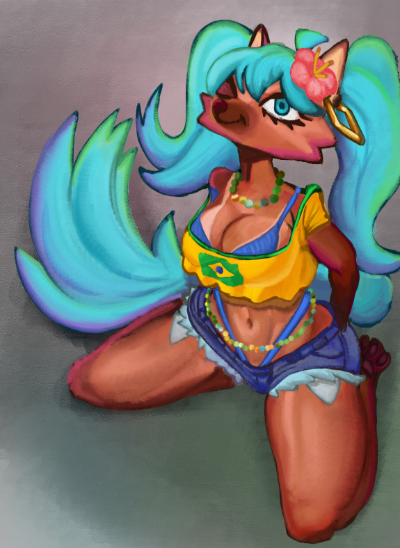 anthro bikini blue_bikini blue_clothing blue_eyes blue_hair blue_swimwear bottomwear brazilian_flag brown_body brown_fur clothing denim denim_bottomwear denim_clothing denim_shorts ear_piercing ear_ring female flower fur hair hands_behind_back happy jewelry kneeling looking_up low-angle_view necklace one_eye_closed piercing plant ring_piercing shirt shorts solo swimwear topwear two-piece_swimsuit yellow_clothing yellow_shirt yellow_topwear korsia brazilian_miku vocaloid hatsune_miku canid canine canis human mammal maned_wolf