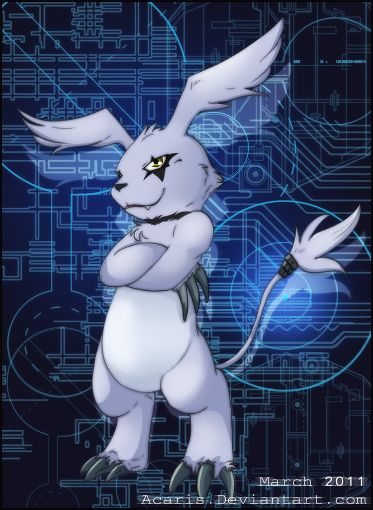 abstract_background ambiguous_gender anthro claws collar leather solo fossilexmachina bandai_namco digimon digimon_(species) felid gazimon hybrid lagomorph mammal 2011 digital_media_(artwork)