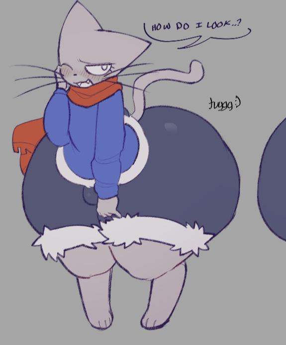 anthro big_butt black_nose blue_clothing blue_sweater blue_topwear blush blush_lines bottomwear bulge butt clothing eyelashes fangs fur grey_background grey_body grey_fur grey_tail huge_butt huge_thighs hyper hyper_butt long_tail long_whiskers male red_scarf scarf shorts simple_background solo speech_bubble sweater tail teeth teeth_showing text thick_thighs topwear whiskers white_eyes tuggg tika_(tuggg) domestic_cat felid feline felis mammal artist_name english_text signature