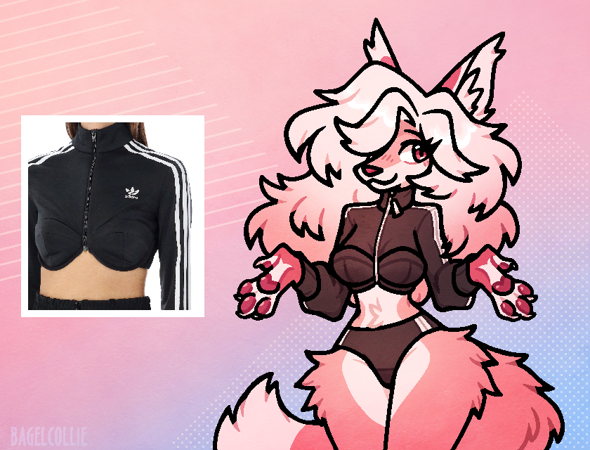 anthro breasts clothed clothing dewclaw female fur hair pink_body pink_fur pink_hair red_eyes smile solo tail bagelcollie adidas canid canine mammal digital_drawing_(artwork) digital_media_(artwork)