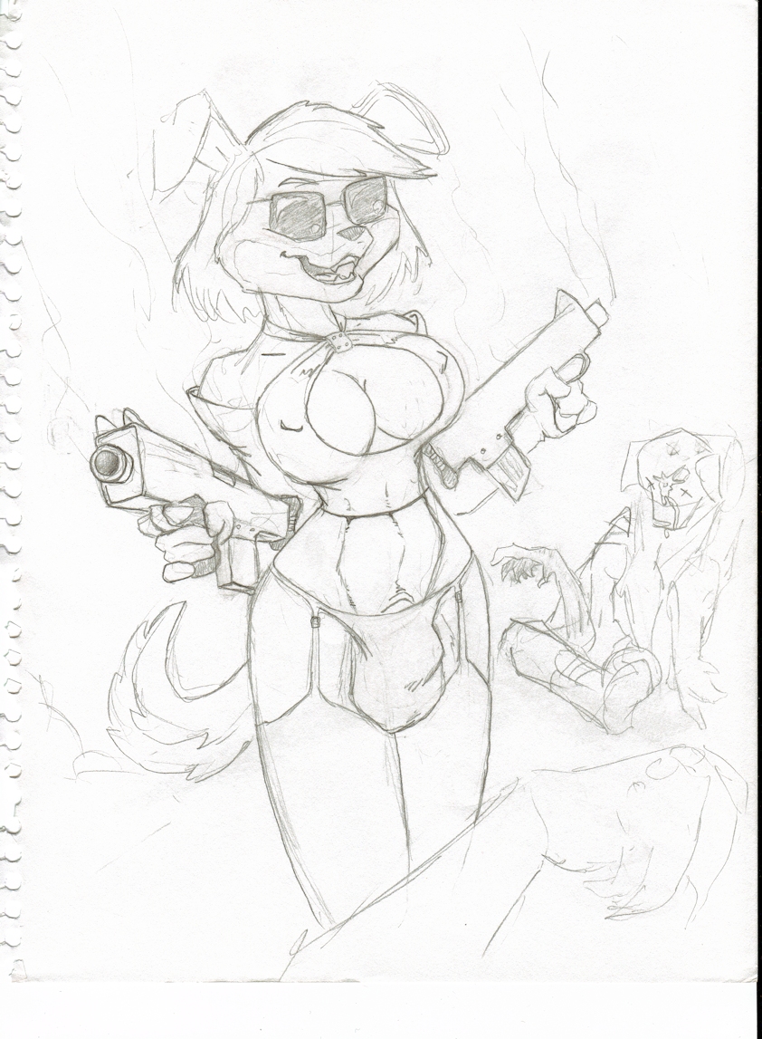 anthro big_breasts breasts bulge cleavage clothed clothing eyewear flaccid fluffy fluffy_tail footwear garter_belt garter_straps genitals glasses group gun gynomorph hair intersex legwear nipples penis penis_tip ranged_weapon short_hair socks solo_focus tail thigh_highs thigh_socks weapon wonderduck pup_(doug_winger) canid canine canis domestic_dog mammal greyscale monochrome traditional_media_(artwork)