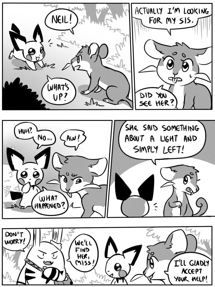 6_panel_comic ambiguous_gender answer anthro bag black_nose black_tail black_text bodily_fluids cheek_spots conjoined_speech_bubble dialogue ellipsis exclamation_point eyelashes feral grass group name_drop name_in_dialogue open_mouth open_smile outside paws plant quadruped question question_mark shadow shrub smile speech_bubble standing sweat sweatdrop tail talking_to_another teeth text tongue tree flavia-elric nintendo pokemon pokemon_mystery_dungeon spike_chunsoft maya_(yapc) neil_(yapc) paris_(yapc) elekid generation_1_pokemon generation_2_pokemon pichu pokemon_(species) rattata 2019 3:4 comic digital_media_(artwork) english_text greyscale monochrome