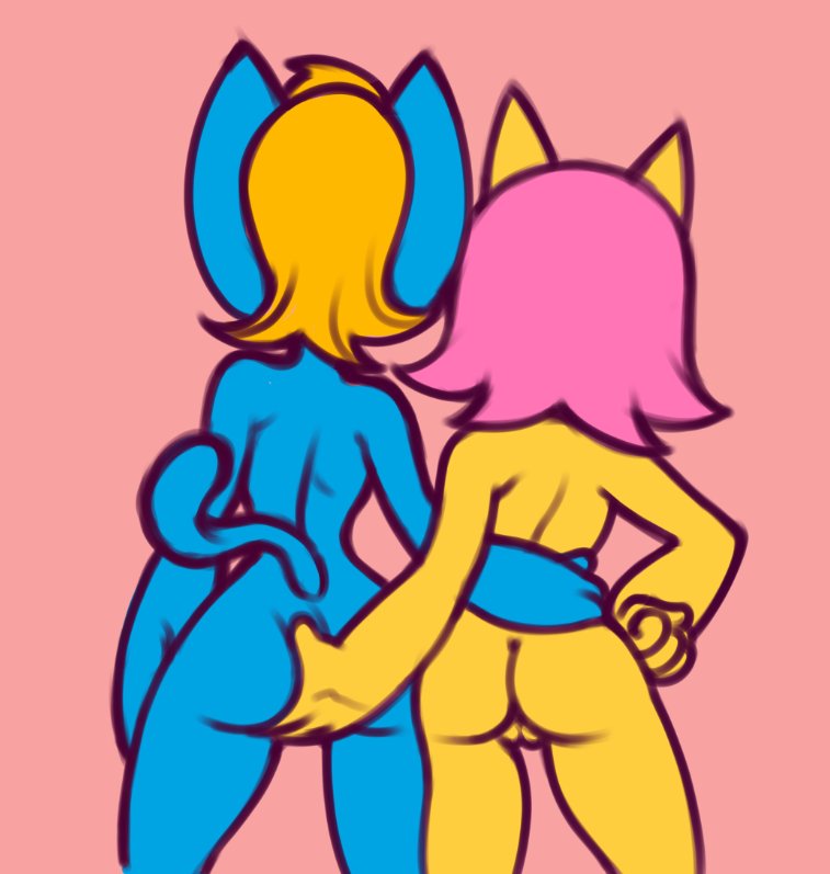 anthro anthro_on_anthro backwards blonde_hair blue_body butt butt_grab duo faceless_character faceless_female female female/female genitals grope hair hand_on_butt nude pink_hair pussy rear_view small_butt standing waist_grab yellow_body chipposter parappa_the_rapper sony_corporation sony_interactive_entertainment um_jammer_lammy katy_kat paula_fox canid canine domestic_cat felid feline felis fox mammal 2022