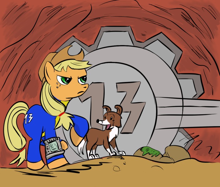 blonde_hair cave clothing cowboy_hat duo female feral green_eyes hair hat headgear headwear pip-boy rock sand tail vault vault_suit unknown_artist fallout friendship_is_magic hasbro microsoft my_little_pony applejack_(mlp) winona_(mlp) canid canine canis domestic_dog earth_pony equid equine horse mammal pony crossover