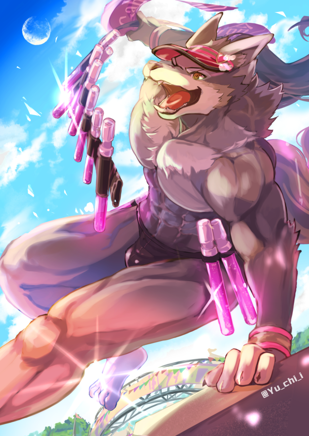 anthro bulge clothing fangs fur glowstick grey_body grey_fur male moon muscular muscular_anthro muscular_male open_mouth solo teeth underwear yu_chi_i lifewonders tokyo_afterschool_summoners hati_(tas) canid canine canis mammal wolf