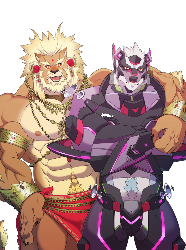 anthro arm_over_shoulder armpit_hair beard body_hair clothed clothing crossed_arms duo facial_hair happy_trail looking_at_viewer male muscular muscular_anthro muscular_male nipples pubes simple_background standing topless white_background grausummon lifewonders tokyo_afterschool_summoners barong_(tas) enigma_(tas) bear felid lion mammal pantherine polar_bear ursine colored