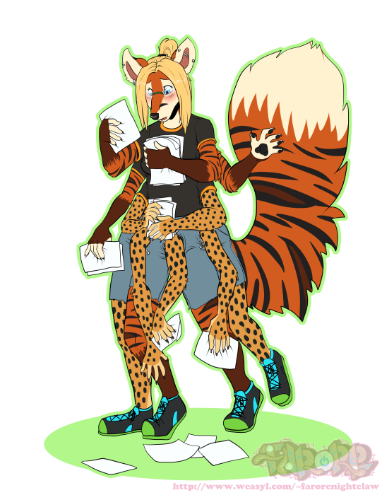 4_legs 9_arms anthro blonde_hair blue_eyes crotch_arms eyewear female glasses hair multi_arm multi_leg multi_limb multifur solo unusual_anatomy farorenightclaw may_abbagail canid canine cheetah felid feline fox hybrid mammal pantherine tiger alpha_channel