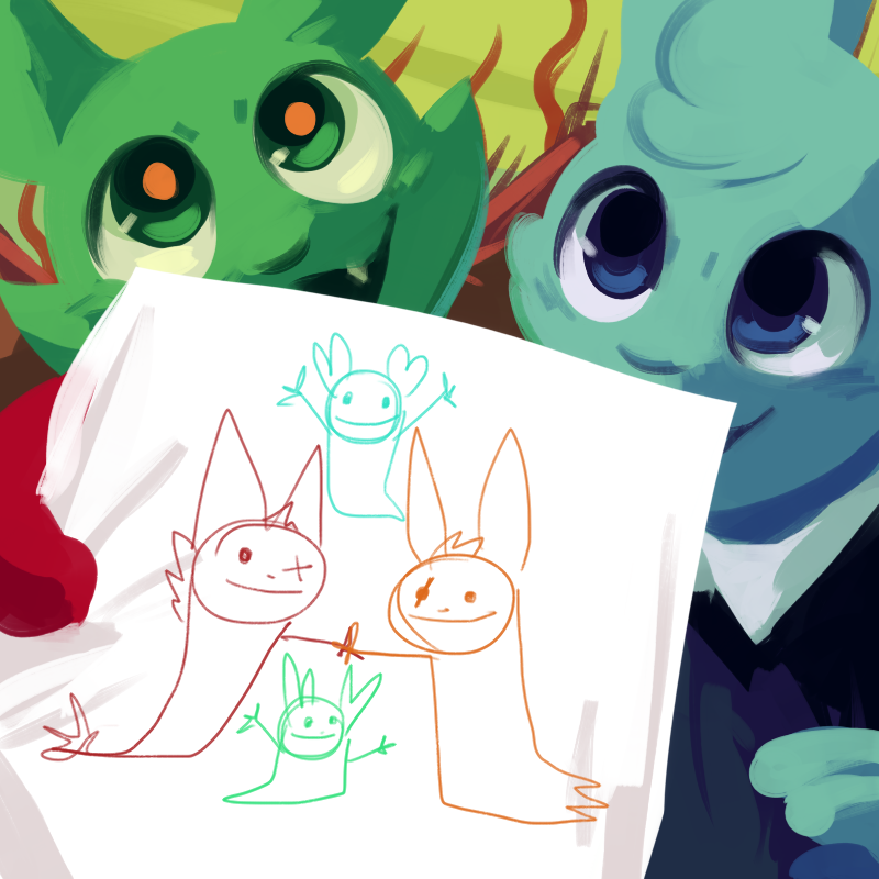 ambiguous_gender anthro anthrofied blue_body blue_fur drawing_(object) drawing_in_a_drawing family fangs feral fur green_body green_fur group hand_holding holding_object holding_paper paper scribbles smile smiling_at_another smiling_at_viewer spread_arms teeth yellow_eyes conditional_dnp pansear_lady rain_world videocult artificer's_blue_pup_(rain_world) artificer's_green_pup_(rain_world) artificer_(rain_world) hunter_(rain_world) slugcat slugpup_(rainworld) 1:1 parent_(lore) parent_and_child_(lore) sibling_(lore)