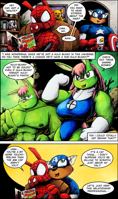 anthro black_shading chair clothing door female furniture gloves hair handwear humor male picture_frame shield suit superhero text western_comics_(style) drake_fenwick marvel spider-ham captain_americat_(character) hulk hulk_bunny_(character) she_hulk_bunny_(character) spider-ham_(character) domestic_cat domestic_pig felid feline felis lagomorph leporid mammal rabbit suid suine sus_(pig) comic english_text hatching_(art) shaded