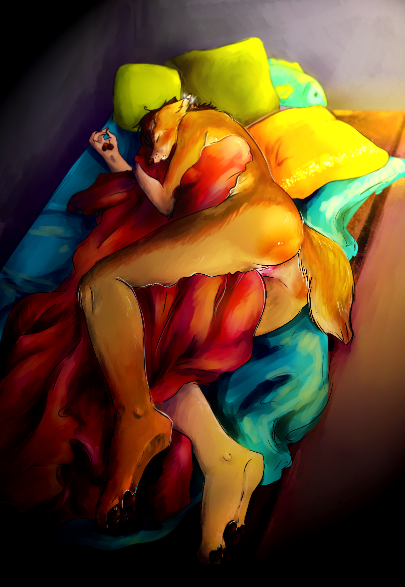 anthro bed brown_body brown_fur butt female fur furniture genitals hair nude paws piercing pillow pussy short_hair sleeping solo tomboy caatnip tuni canid canine canis coyote domestic_dog mammal 2017 digital_media_(artwork)