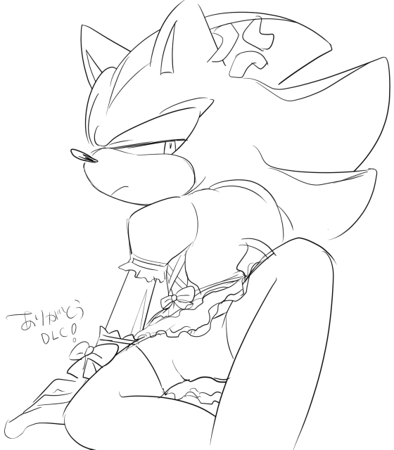 anthro biped bulge clothed clothing cross-popping_vein crossdressing dress frown gloves handwear male sitting solo text sikai sega sonic_the_hedgehog_(series) shadow_the_hedgehog eulipotyphlan hedgehog mammal black_and_white english_text japanese_text monochrome