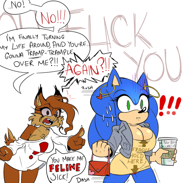 angry anthro big_breasts blue_body blue_fur breasts cleavage clothed clothing crossgender duo ear_piercing exclamation_point female fur jealous piercing profanity text missphase bubsy_(series) sega sonic_the_hedgehog_(series) bubsy bubsy_(space_funeral) sonic_the_hedgehog eulipotyphlan felid feline hedgehog lynx mammal 1:1 2015 crossover english_text trans_(lore) trans_woman_(lore)