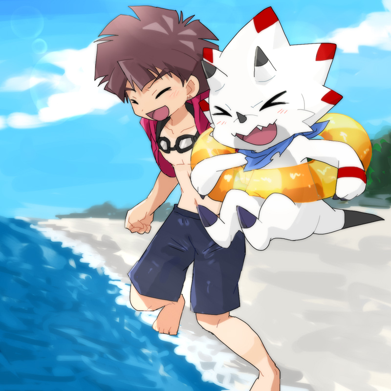 anthro beach blush brown_hair claws clothing day duo eyes_closed eyewear goggles hair horn inflatable inner_tube jumping kerchief lens_flare male open_mouth open_smile outside sea sky smile swimming_goggles swimming_trunks swimwear tail water young hamu_ym bandai_namco digimon digimon_ghost_game gammamon_(ghost_game) hiro_amanokawa digimon_(species) gammamon human mammal 1:1