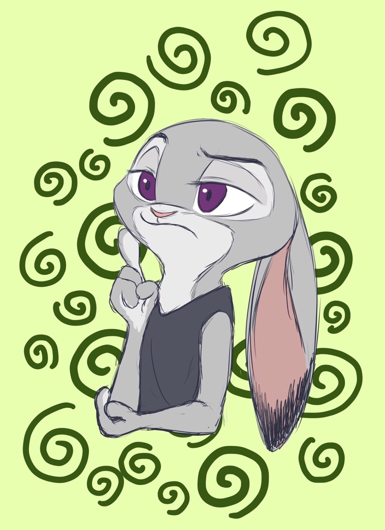 ambiguous_gender anthro clothed clothing dipstick_ears ear_markings ears_down fur green_background grey_body grey_fur multicolored_ears pink_nose pivoted_ears purple_eyes shirt simple_background solo tank_top topwear marema_kishin disney zootopia judy_hopps lagomorph leporid mammal rabbit 2018 digital_media_(artwork)