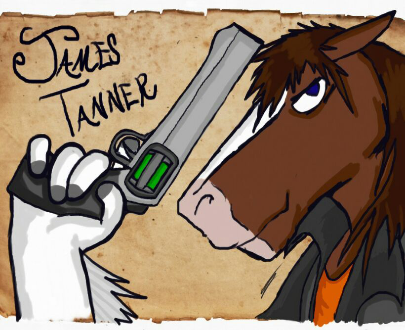 anthro blaze_(marking) blue_eyes brown_body brown_fur clothing facial_markings fur grey_outerwear gun hair handgun head_markings holding_gun holding_object holding_ranged_weapon holding_weapon jacket looking_at_viewer male mane markings orange_clothing orange_topwear pistol ranged_weapon shirt side_view solo topwear weapon white_body white_fur white_markings kello james_tanner clydesdale draft_horse equid equine horse mammal bust_portrait digital_media_(artwork) portrait