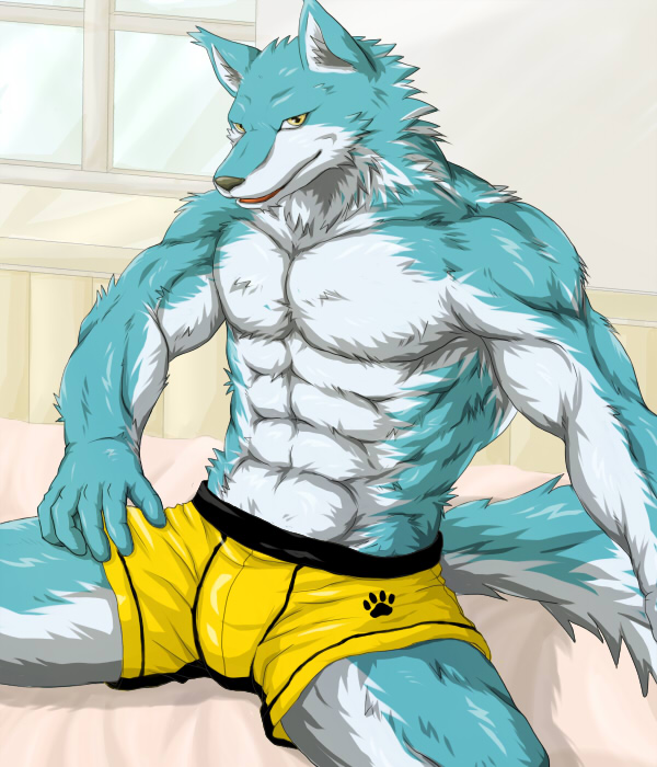 abs anthro bed biceps big_muscles biped blue_body blue_fur bottomwear boxers_(clothing) clothed clothing footprint fur furniture looking_at_viewer male muscular muscular_anthro muscular_male pawprint pecs pose shorts sitting solo tail topless underwear window yellow_eyes wildheit canid canine canis mammal wolf