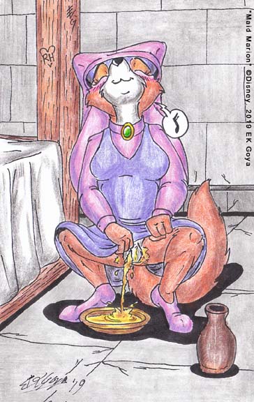 anthro bodily_fluids bowl container crouching female female_peeing genital_fluids genitals peeing peeing_into_bowl peeing_into_container pussy solo urine urine_in_bowl urine_stream watersports ek_goya disney robin_hood_(disney) maid_marian canid canine fox mammal red_fox true_fox